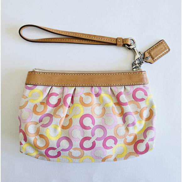 Coach Wristlet Pink Op Art Signature Zip Clutch Vachetta Leather Trim Retro Y2K - Picture 1 of 12
